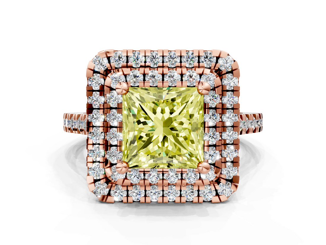 Rose gold Double Halo Fancy Yellow Princess  Diamond Pave Band with Four-Prong Setting_17