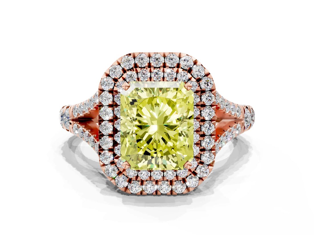Rose gold Double Halo Fancy Yellow Radiant Cut Diamond Split Shank Engagement Ring with Four-Prong Setting_3