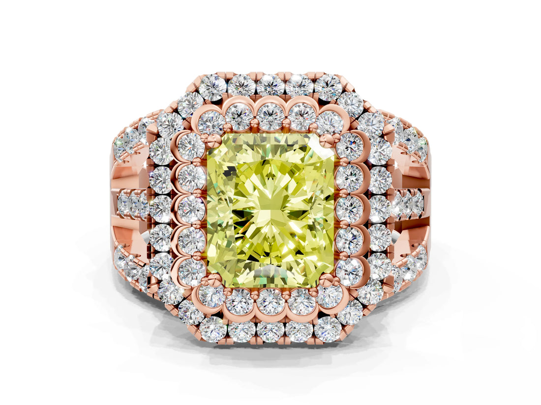 Rose gold Double Halo Fancy Yellow Radiant Cut Diamond Split Shank Pave Set Ring_3