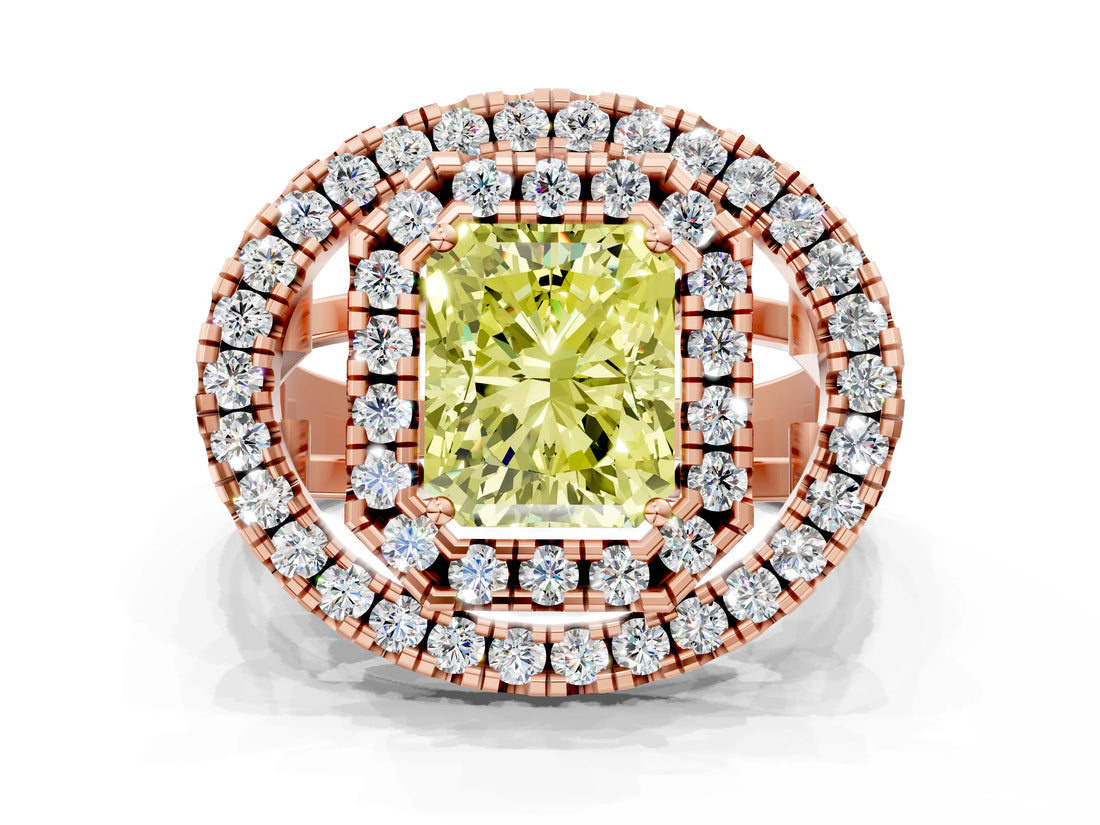 Rose gold Double Halo Fancy Yellow Radiant Cut Diamond Split Shank Prong Setting Ring