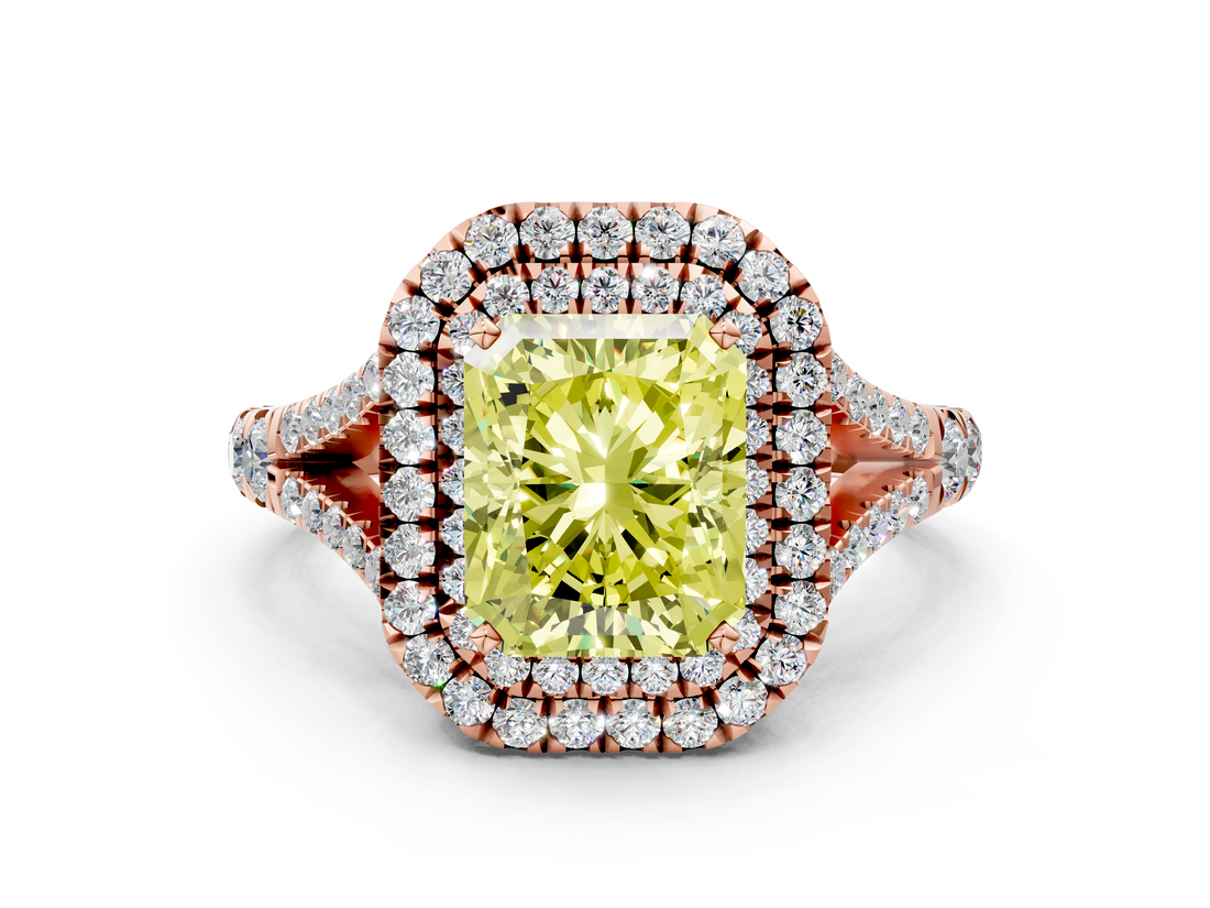 Rose gold Double Halo Fancy Yellow Radiant  Cut Diamond Split Shank Ring with Four Prong Setting_19