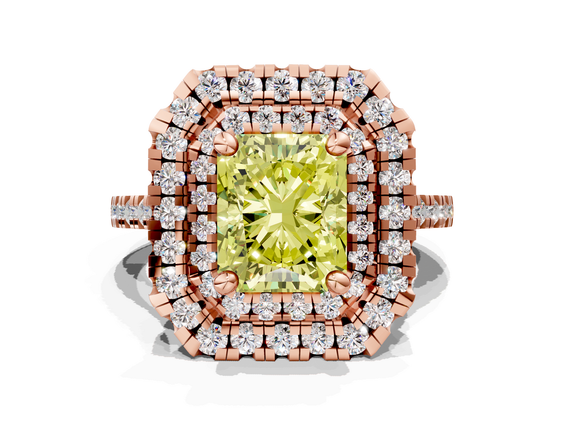 Rose gold Double Halo Fancy Yellow Radiant  Diamond Pave Band with Four-Prong Setting_43