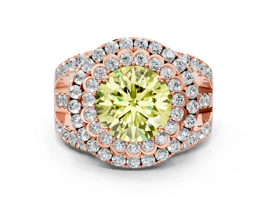 Rose gold Double Halo Fancy Yellow Round Cut Diamond Split Shank Pave Set Ring_3