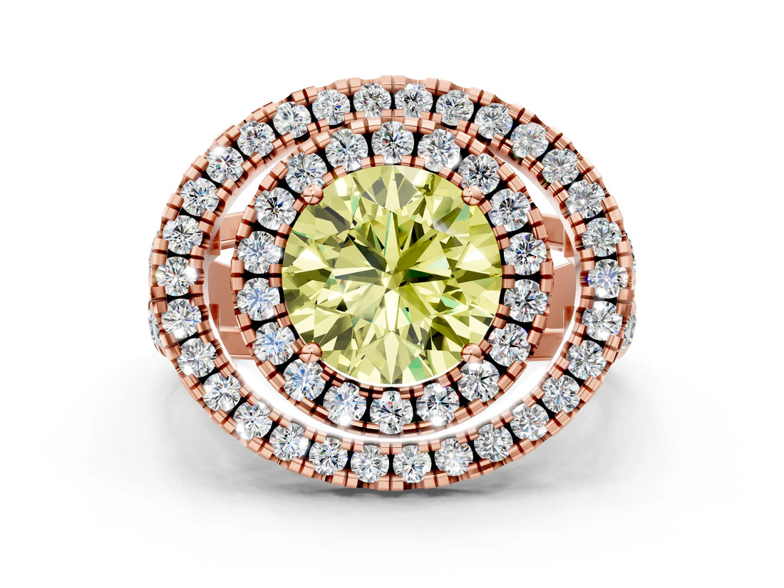 Rose gold Double Halo Fancy Yellow Round Cut Diamond Split Shank Prong Setting Ring