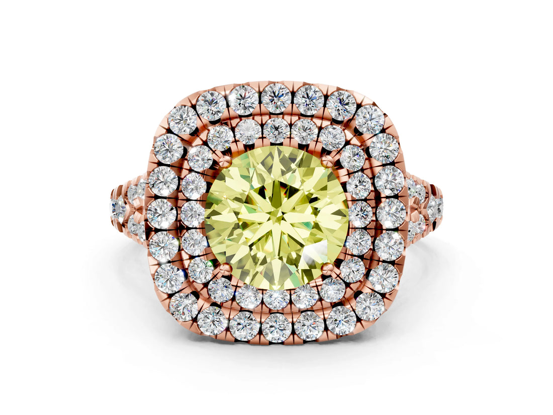 Rose gold Double Halo Fancy Yellow Round  Cut Pave Split Shank Prong Set Ring_15
