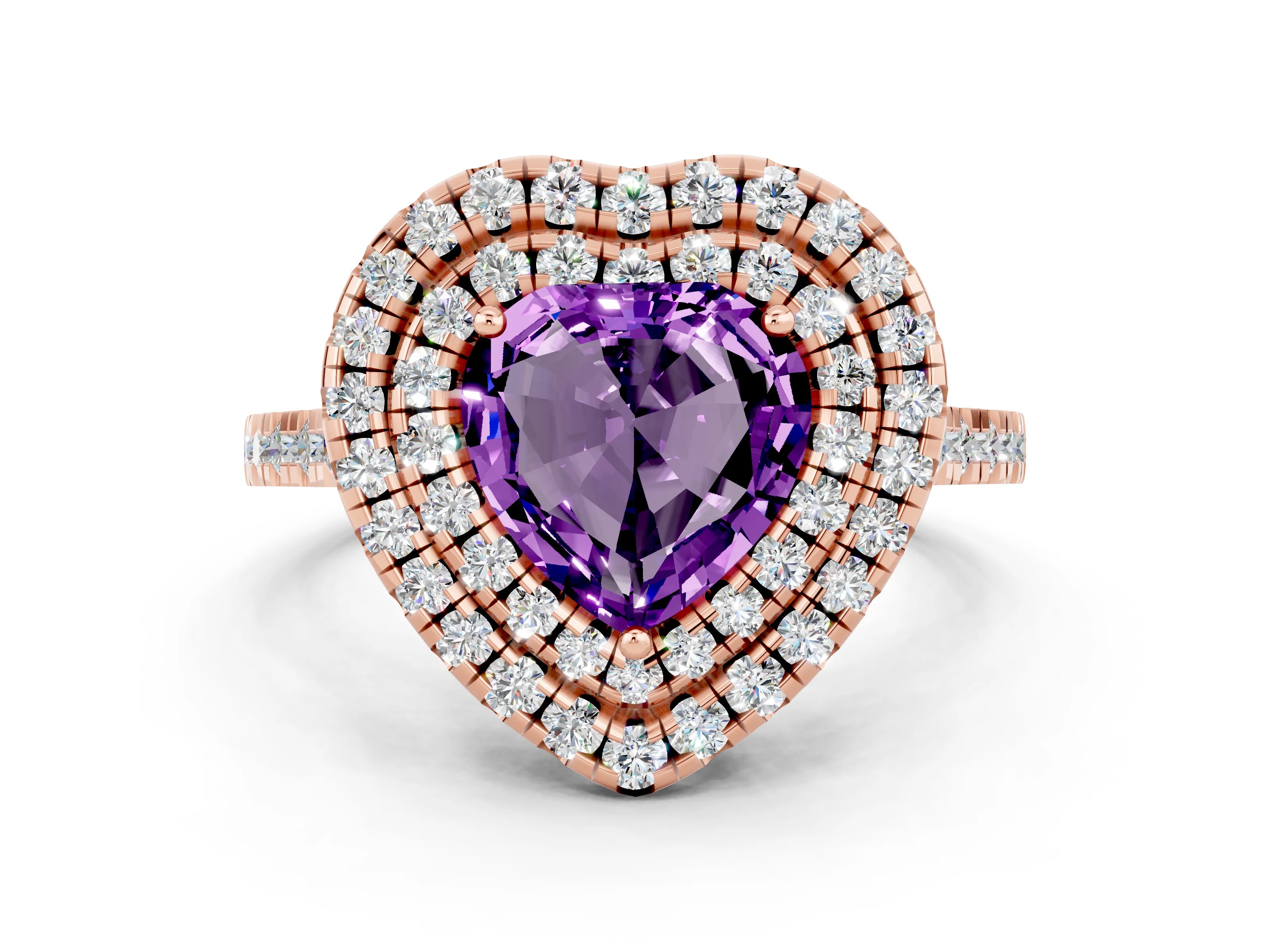 Rose gold Double Halo Heart Cut Amethyst Pavé Band with Four-Prong Setting
