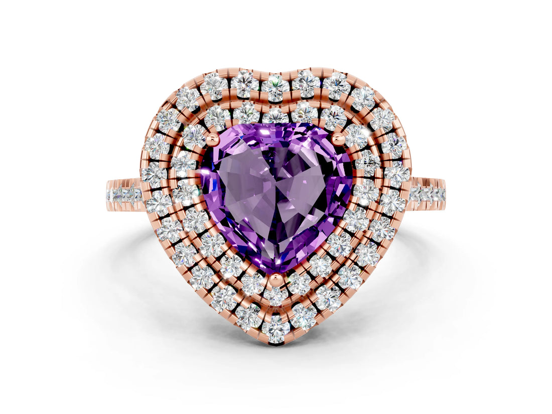 Rose gold Double Halo Heart Cut Amethyst Pavé Band with Four-Prong Setting