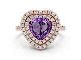 Rose gold Double Halo Heart Cut Amethyst Pavé Band with Four-Prong Setting