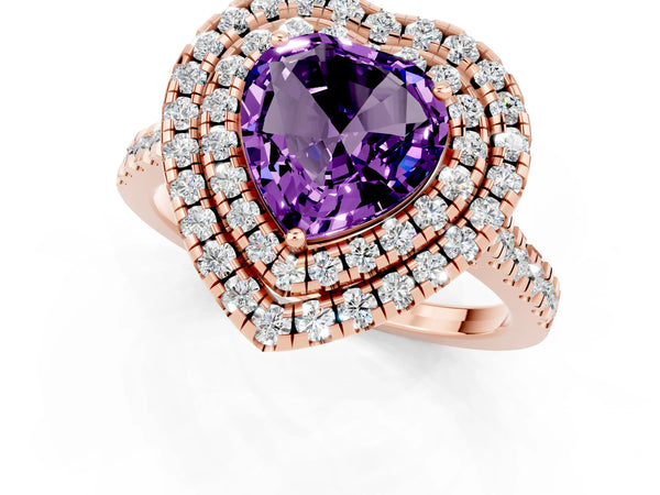 Rose gold Double Halo Heart Cut Amethyst Pavé Band with Four-Prong Setting