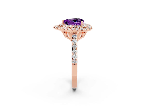 Rose gold Double Halo Heart Cut Amethyst Pavé Band with Four-Prong Setting