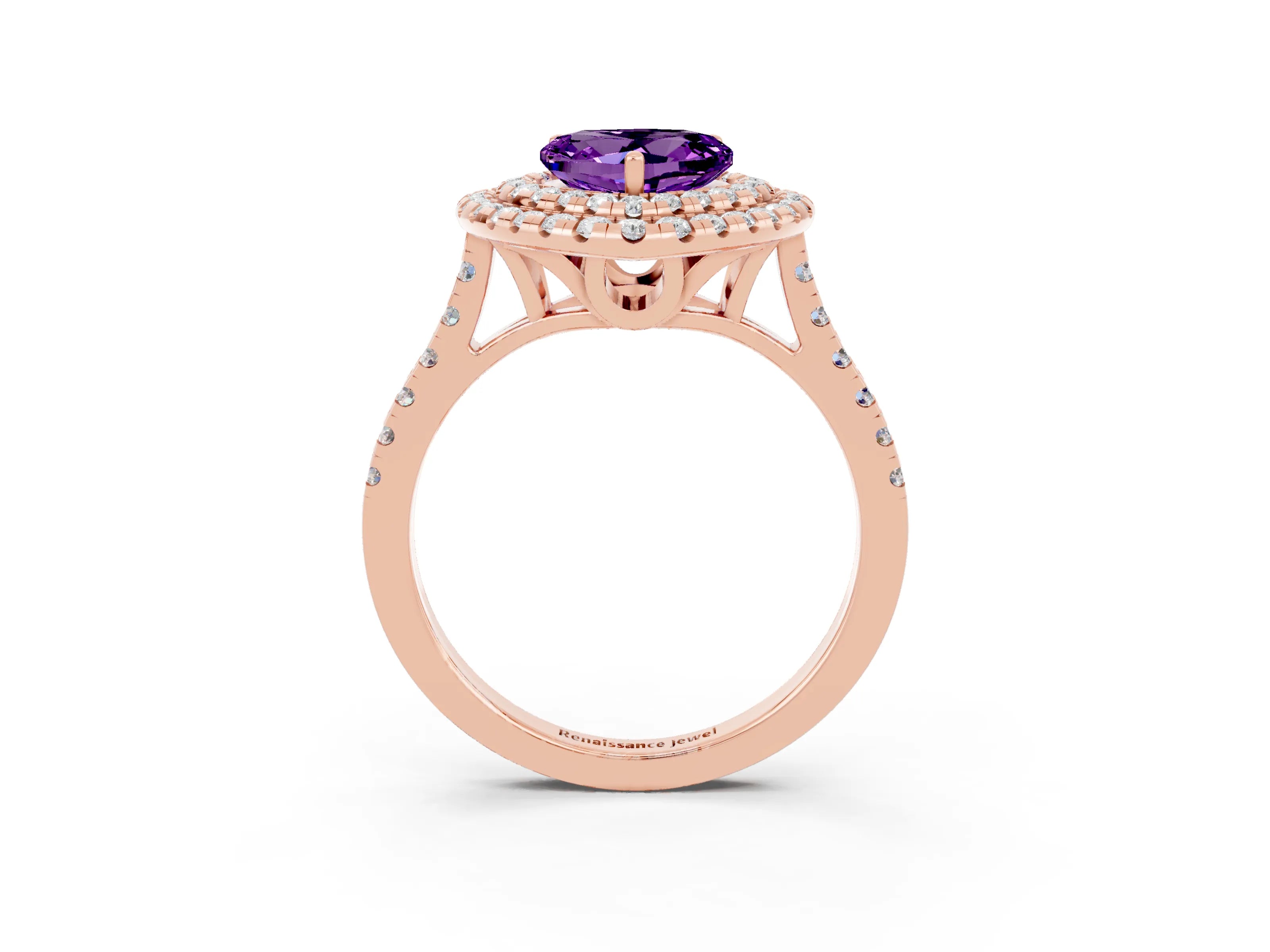Rose gold Double Halo Heart Cut Amethyst Pavé Band with Four-Prong Setting_3