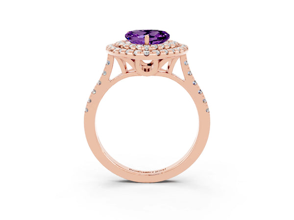 Rose gold Double Halo Heart Cut Amethyst Pavé Band with Four-Prong Setting
