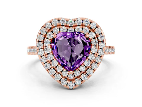 Rose gold Double Halo Heart Cut Amethyst Pavé Band with Four-Prong Setting