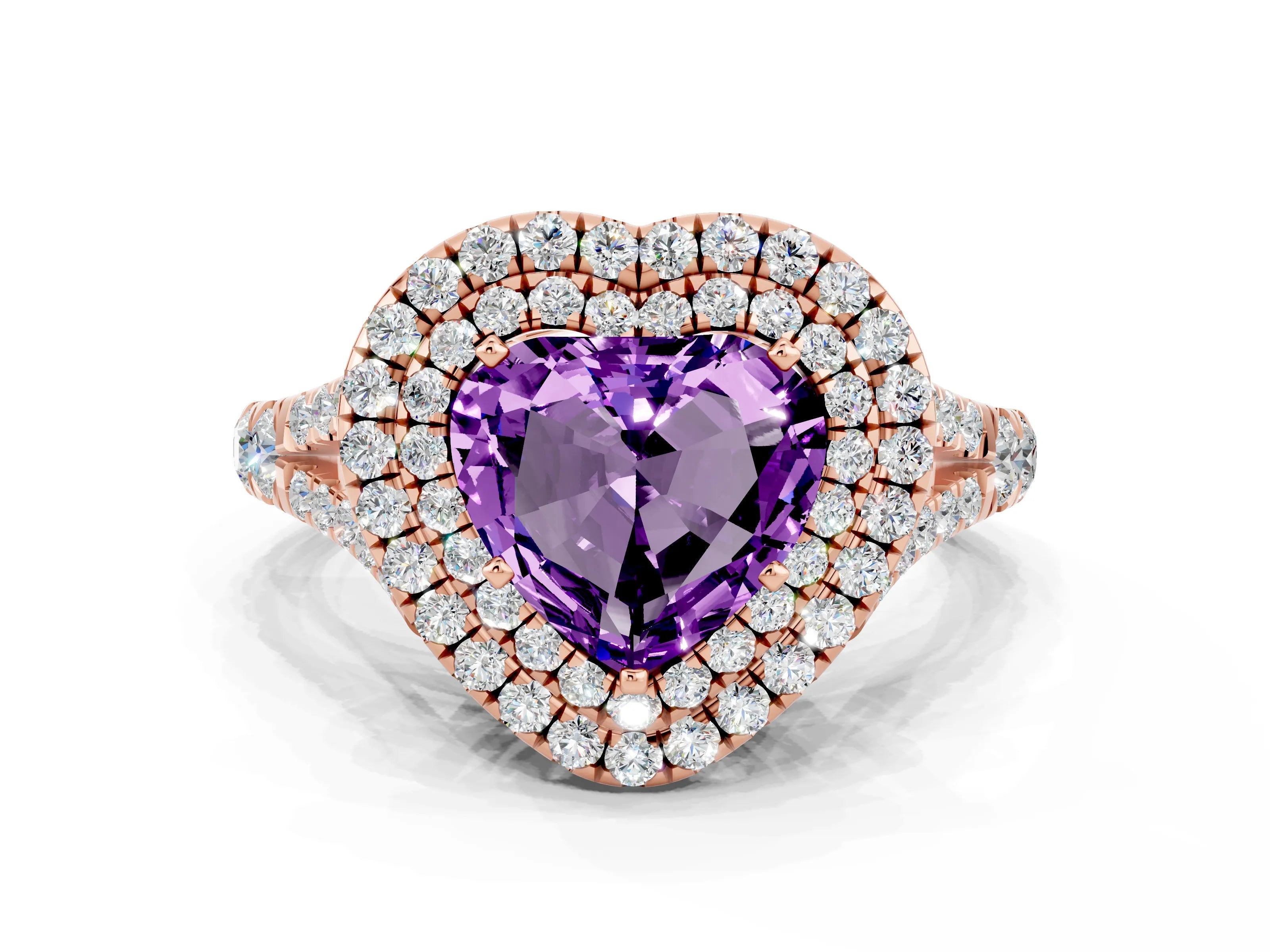Rose gold Double Halo Heart Cut Amethyst Pavé Split Shank Ring with Prong Setting