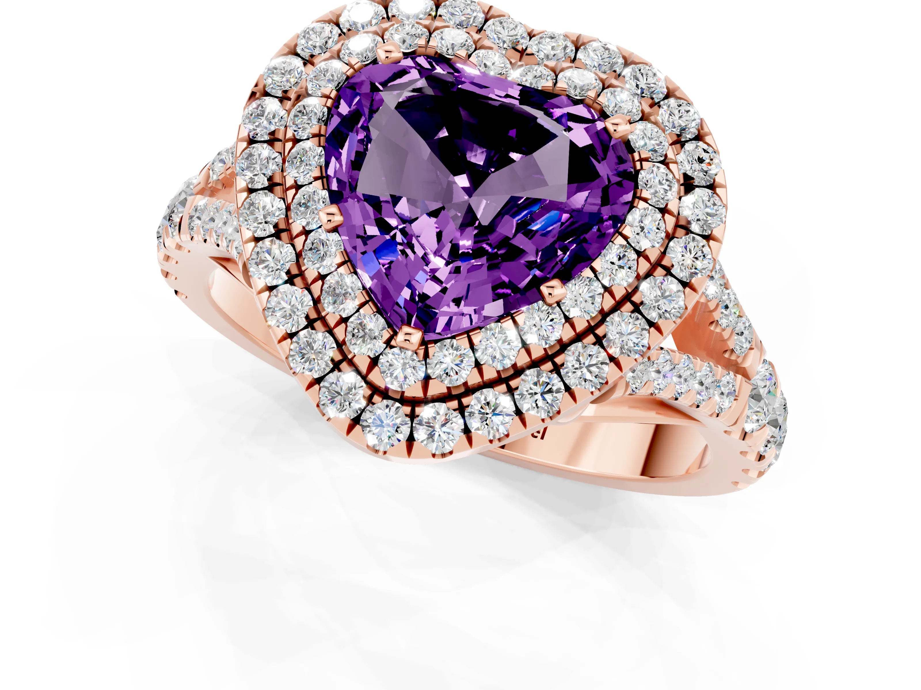 Rose gold Double Halo Heart Cut Amethyst Pavé Split Shank Ring with Prong Setting_1