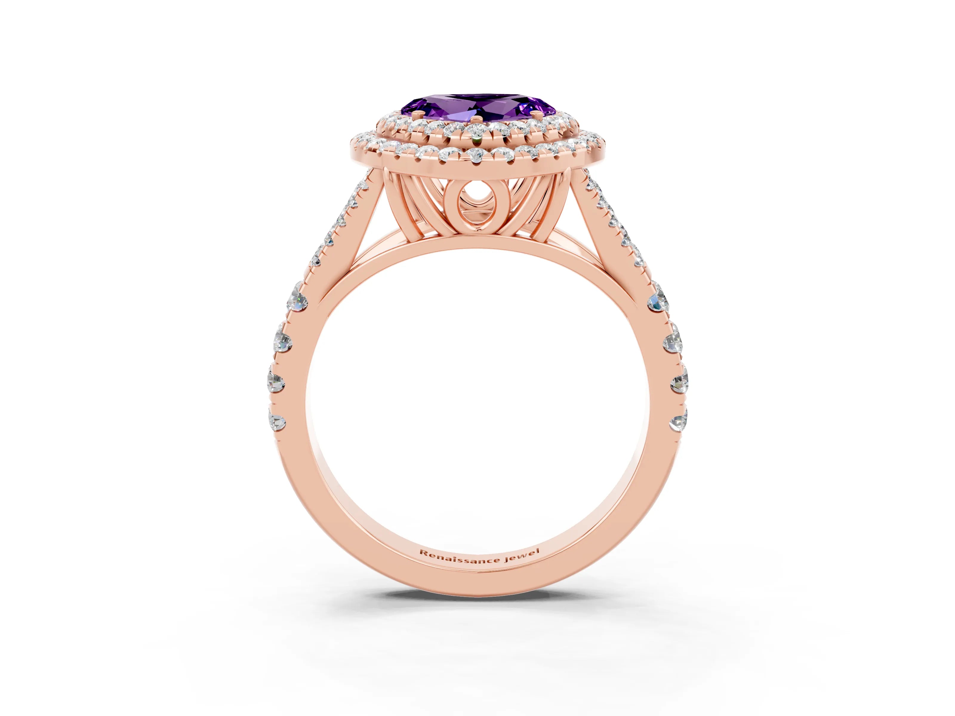 Rose gold Double Halo Heart Cut Amethyst Pavé Split Shank Ring with Prong Setting_3