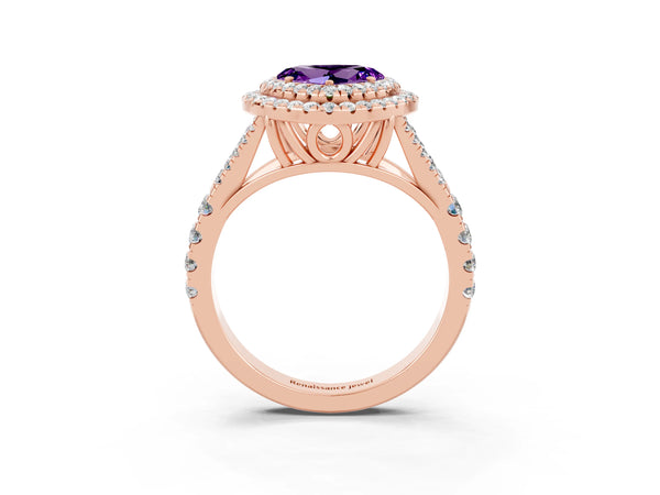 Rose gold Double Halo Heart Cut Amethyst Pavé Split Shank Ring with Prong Setting