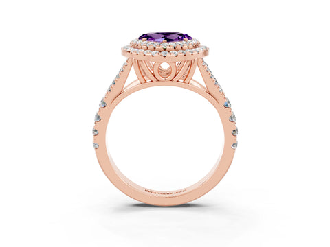 Rose gold Double Halo Heart Cut Amethyst Pavé Split Shank Ring with Prong Setting_3