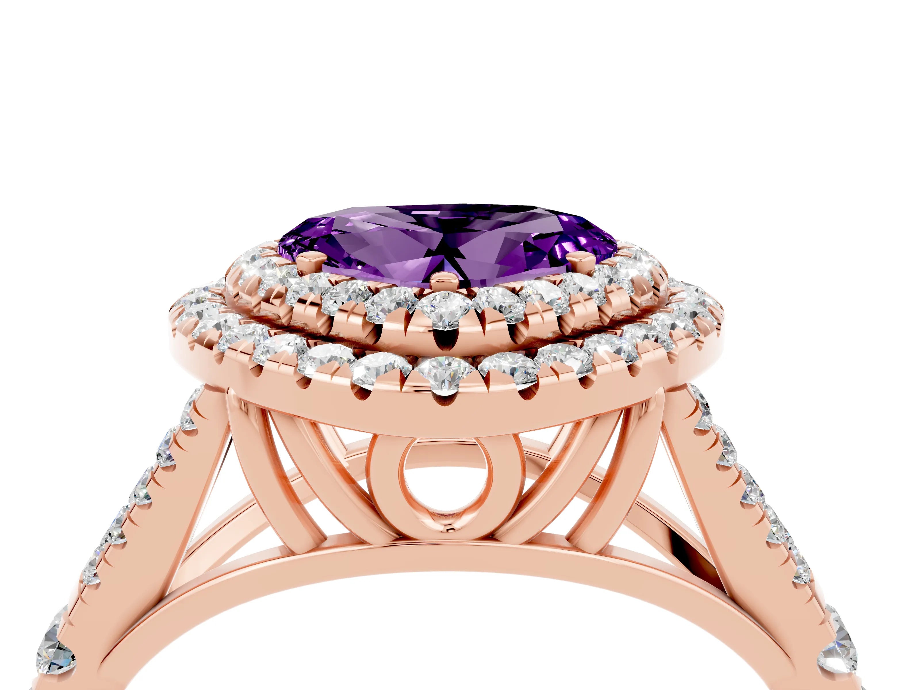 Rose gold Double Halo Heart Cut Amethyst Pavé Split Shank Ring with Prong Setting_4