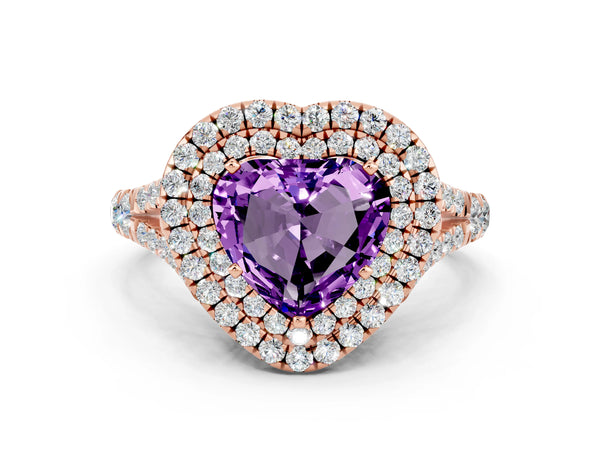 Rose gold Double Halo Heart Cut Amethyst Split Shank Engagement Ring with Four-Prong Setting