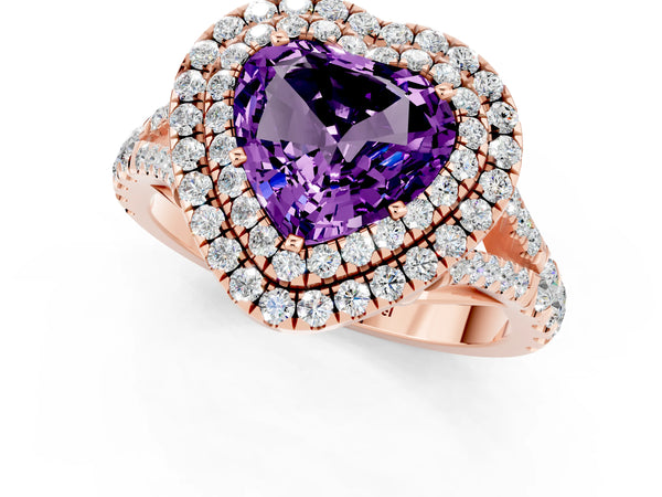 Rose gold Double Halo Heart Cut Amethyst Split Shank Engagement Ring with Four-Prong Setting