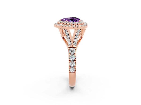 Rose gold Double Halo Heart Cut Amethyst Split Shank Engagement Ring with Four-Prong Setting