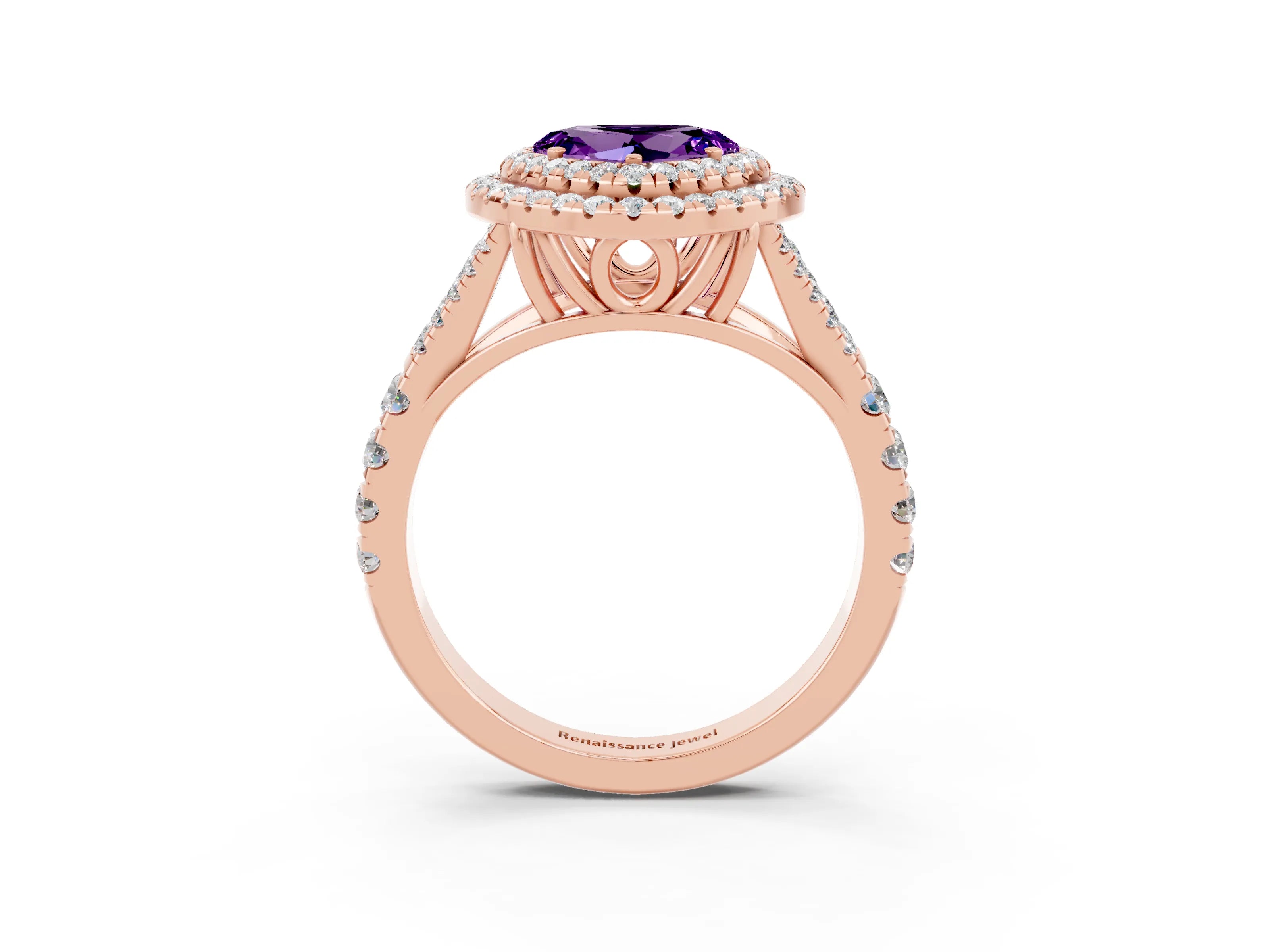 Rose gold Double Halo Heart Cut Amethyst Split Shank Engagement Ring with Four-Prong Setting_3