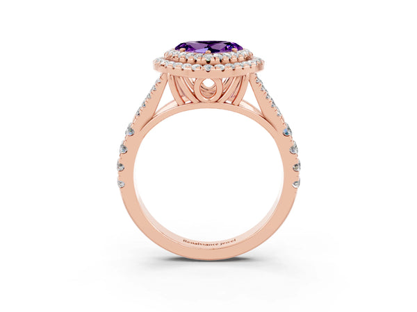 Rose gold Double Halo Heart Cut Amethyst Split Shank Engagement Ring with Four-Prong Setting