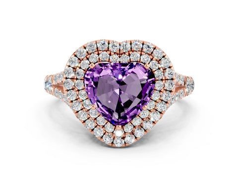 Rose gold Double Halo Heart Cut Amethyst Split Shank Engagement Ring with Four-Prong Setting
