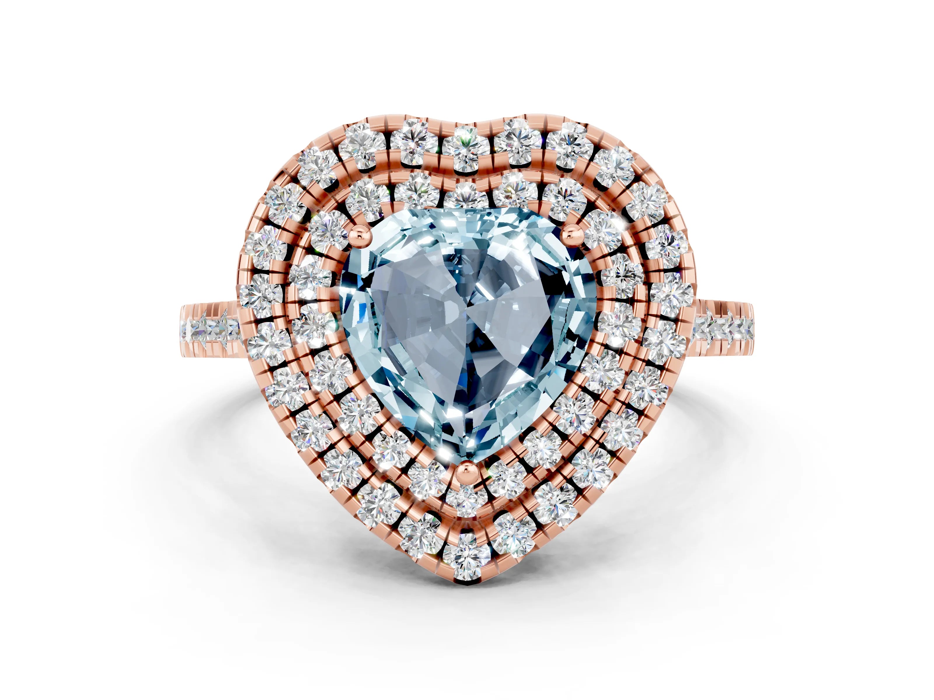 Rose gold Double Halo Heart Cut Aquamarine Pavé Band with Four-Prong Setting