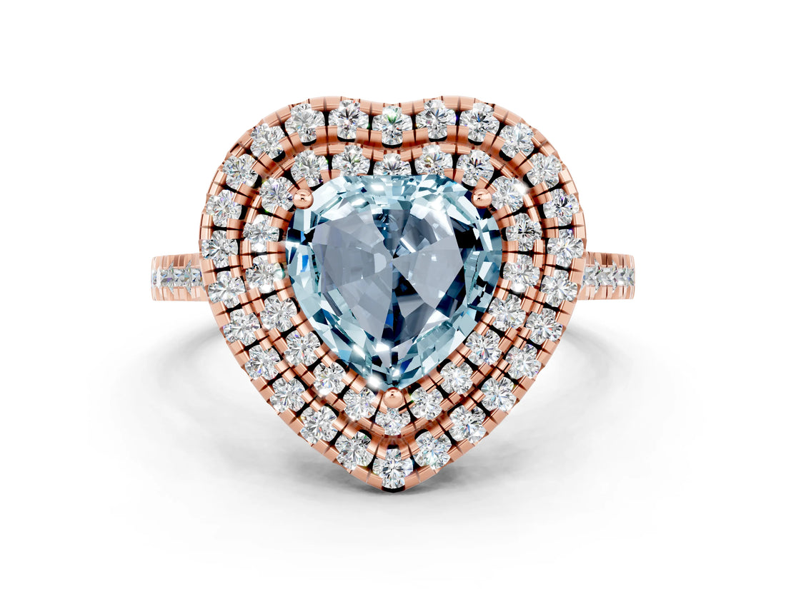 Rose gold Double Halo Heart Cut Aquamarine Pavé Band with Four-Prong Setting