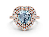 Rose gold Double Halo Heart Cut Aquamarine Pavé Band with Four-Prong Setting