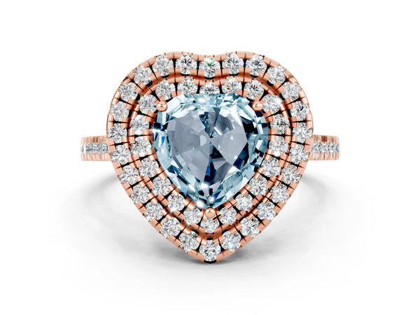 Rose gold Double Halo Heart Cut Aquamarine Pavé Band with Four-Prong Setting