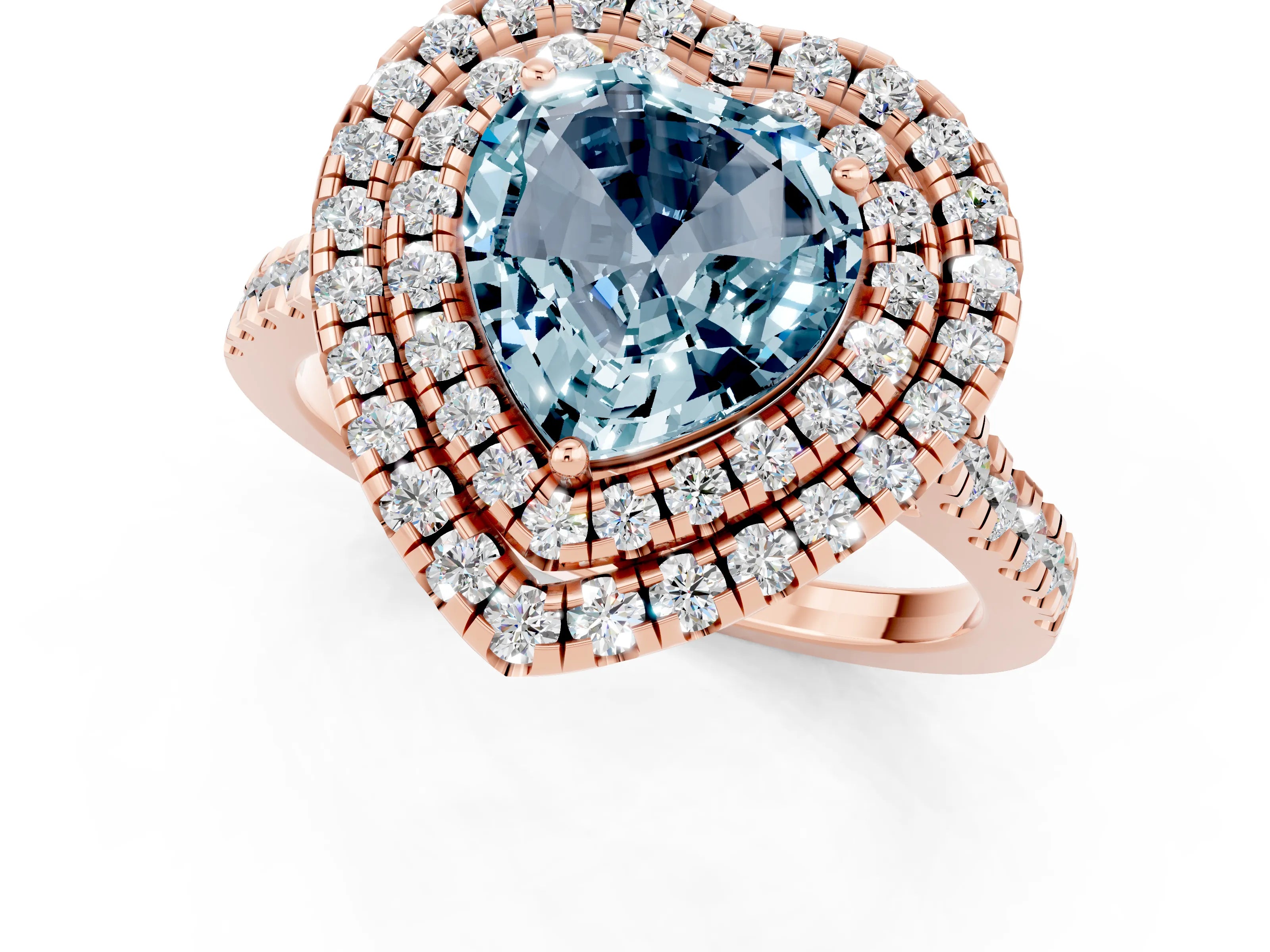Rose gold Double Halo Heart Cut Aquamarine Pavé Band with Four-Prong Setting_1