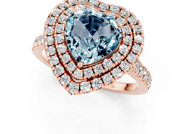 Rose gold Double Halo Heart Cut Aquamarine Pavé Band with Four-Prong Setting