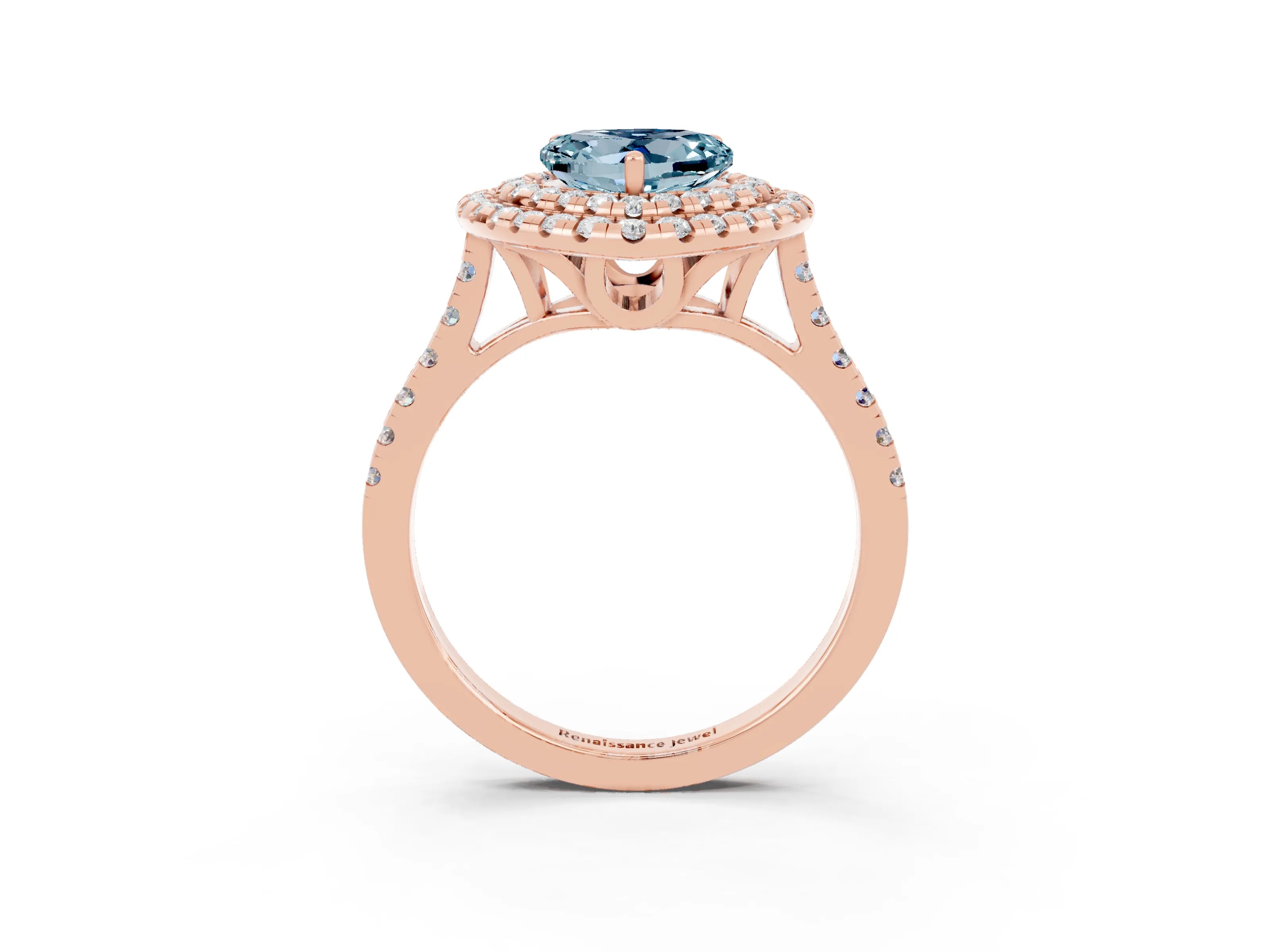 Rose gold Double Halo Heart Cut Aquamarine Pavé Band with Four-Prong Setting_3