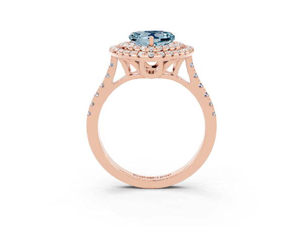 Rose gold Double Halo Heart Cut Aquamarine Pavé Band with Four-Prong Setting