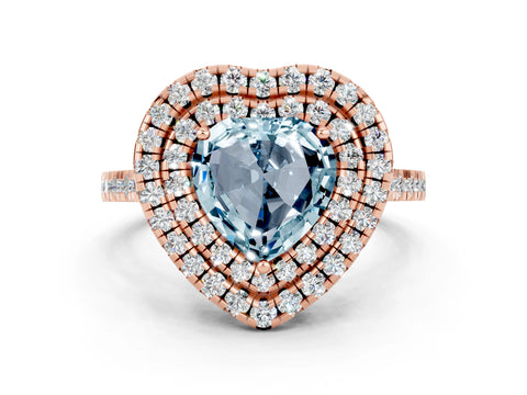 Rose gold Double Halo Heart Cut Aquamarine Pavé Band with Four-Prong Setting