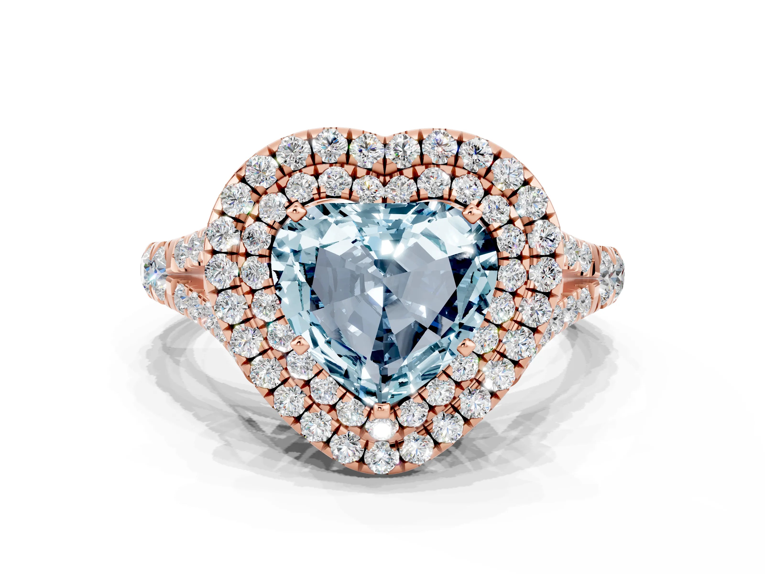 Rose gold Double Halo Heart Cut Aquamarine Pavé Split Shank Ring with Prong Setting