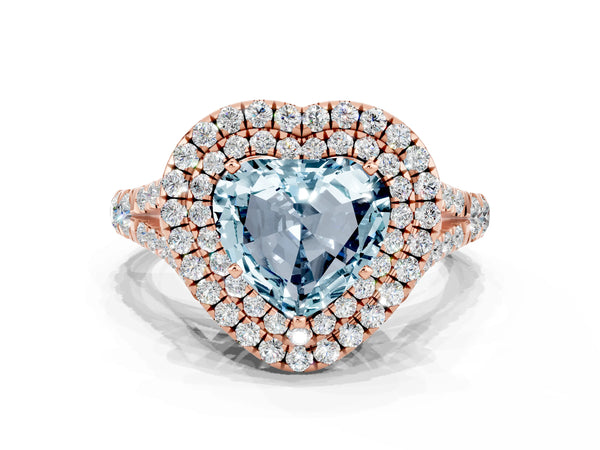Rose gold Double Halo Heart Cut Aquamarine Pavé Split Shank Ring with Prong Setting