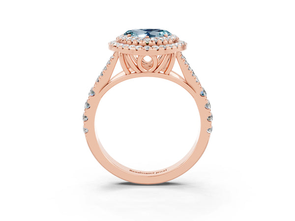 Rose gold Double Halo Heart Cut Aquamarine Pavé Split Shank Ring with Prong Setting