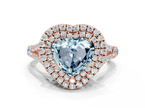 Rose gold Double Halo Heart Cut Aquamarine Pavé Split Shank Ring with Prong Setting