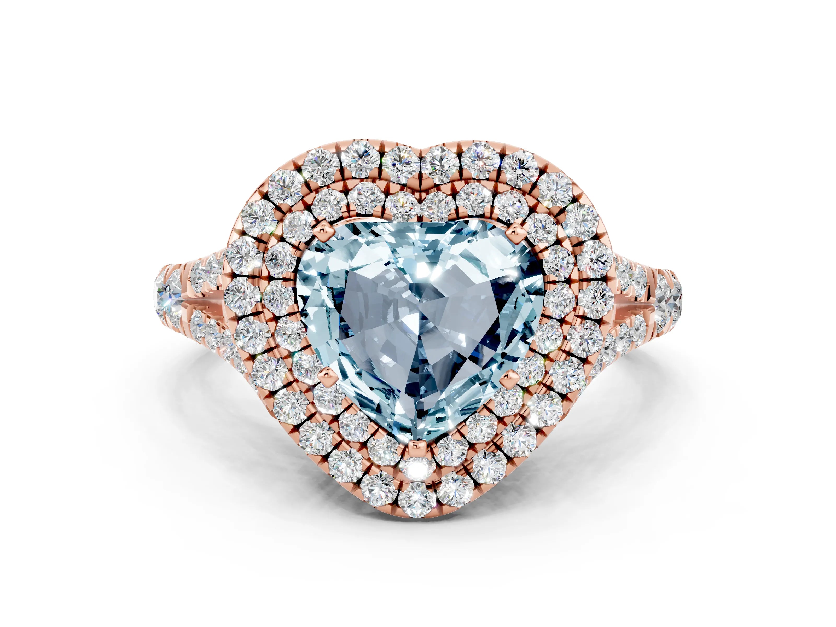 Rose gold Double Halo Heart Cut Aquamarine Split Shank Engagement Ring with Four-Prong Setting