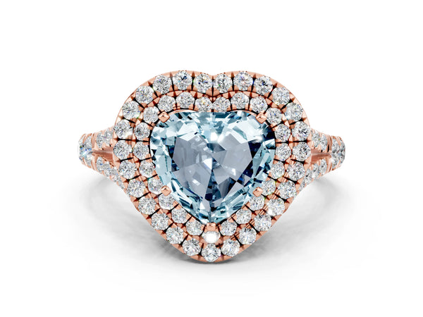 Rose gold Double Halo Heart Cut Aquamarine Split Shank Engagement Ring with Four-Prong Setting