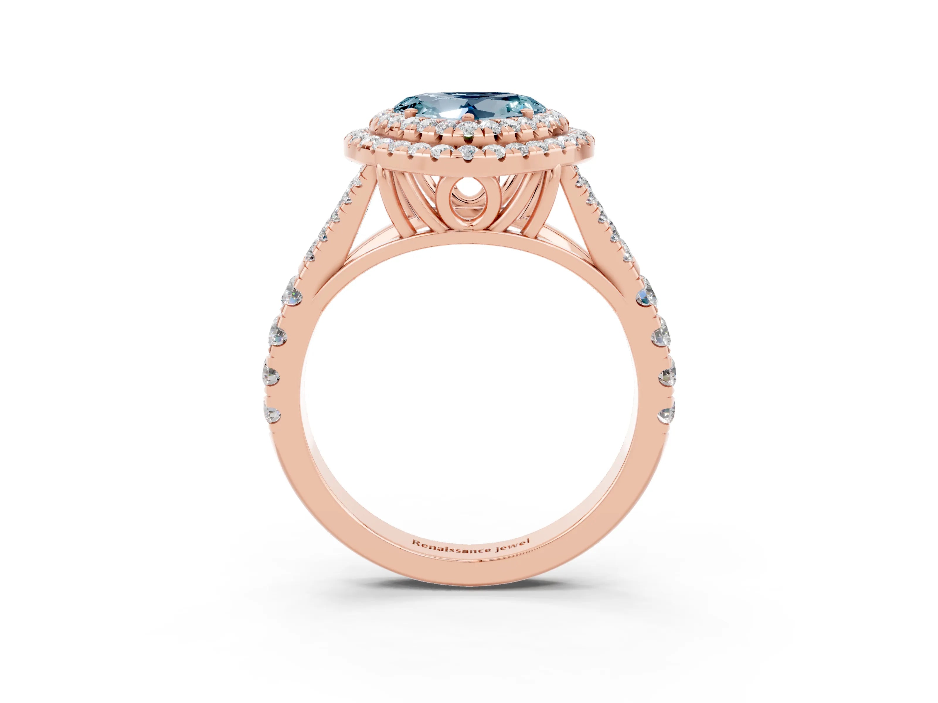 Rose gold Double Halo Heart Cut Aquamarine Split Shank Engagement Ring with Four-Prong Setting_3