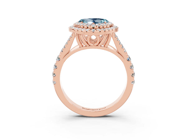 Rose gold Double Halo Heart Cut Aquamarine Split Shank Engagement Ring with Four-Prong Setting