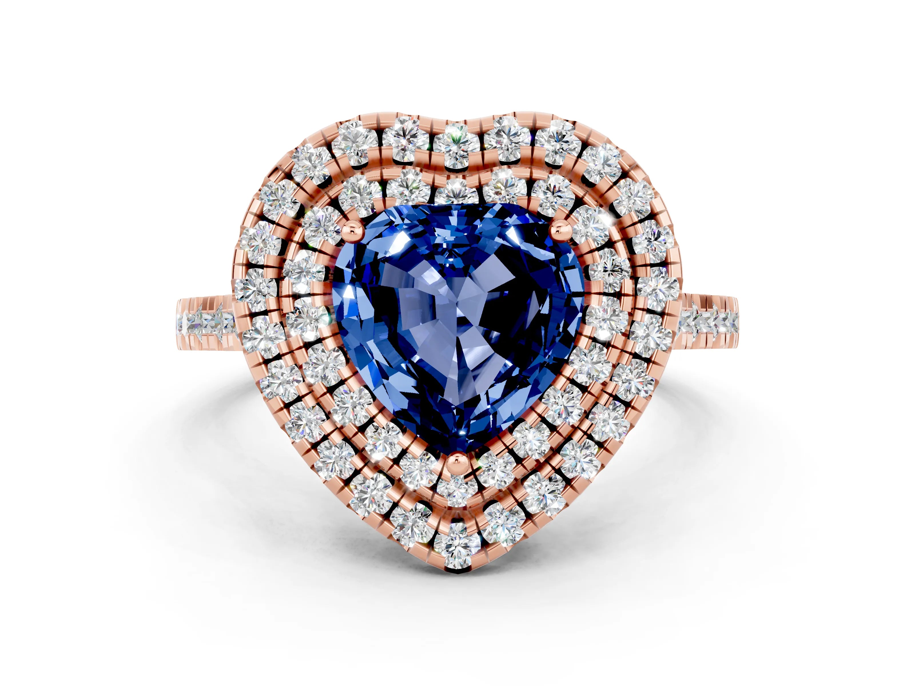 Rose gold Double Halo Heart Cut Blue Sapphire Pavé Band with Four-Prong Setting