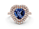 Rose gold Double Halo Heart Cut Blue Sapphire Pavé Band with Four-Prong Setting