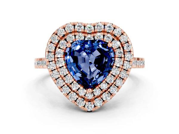Rose gold Double Halo Heart Cut Blue Sapphire Pavé Band with Four-Prong Setting