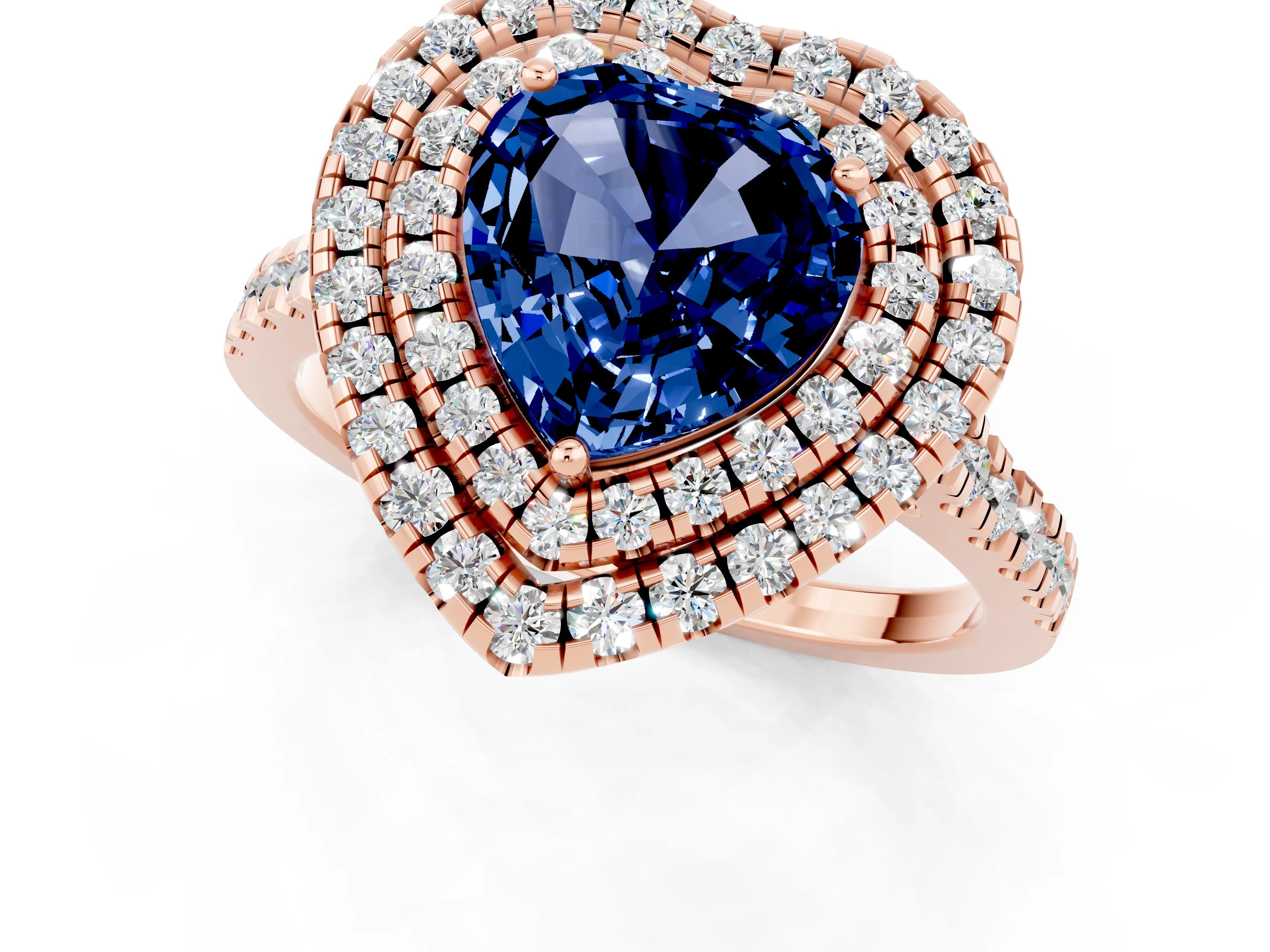 Rose gold Double Halo Heart Cut Blue Sapphire Pavé Band with Four-Prong Setting_1